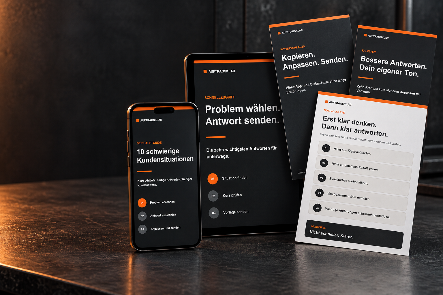 AUFTRAGSKLAR Produktpaket auf Smartphone, Tablet und Karten
